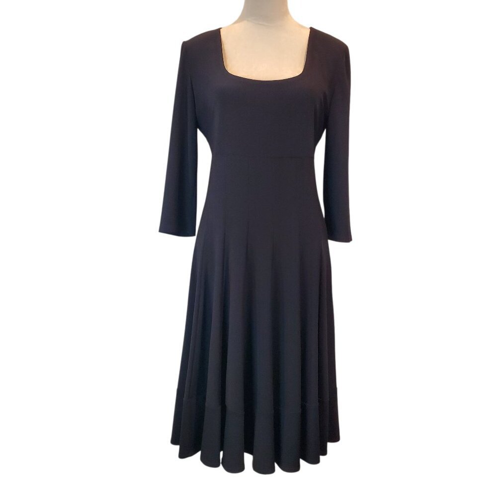 JOSEPH RIBKOFF SZ 14 Women's Stretch Knit Flare Seamed Scoop Neck Black Dress